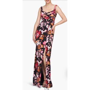 Kay Unger Nicole Floral Multi Floral Column Gown Dress $328 Sz 6 NWT Blk Prom